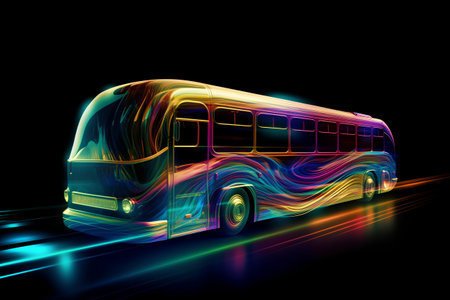Bus on a dark background with a colored light. Vector illustration.の素材