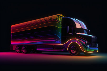 3d rendering of a lorry in neon light on a black backgroundの素材