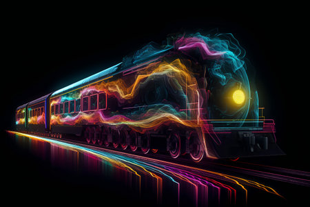 Train with neon lights on a black background. 3d illustration.の素材