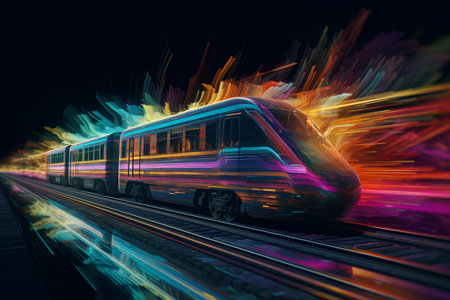 High speed train with colorful abstract background. 3d illustration. Concept of fast speed.の素材