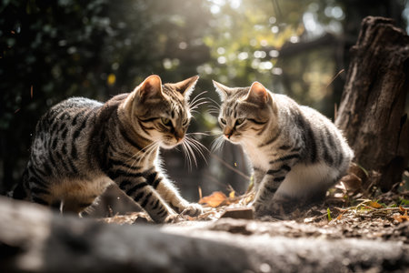 Two cats are playing in the park. Selective focus. Toned.の素材