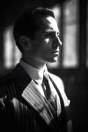 Portrait of a handsome man in a suit. Black and white photo.の素材