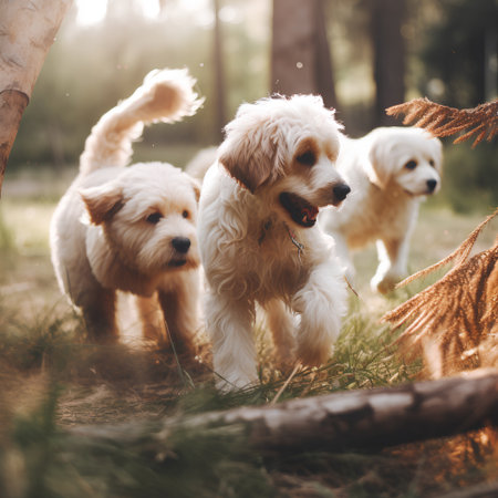 Cute Golden Retriever puppies playing in the forest at sunsetの素材