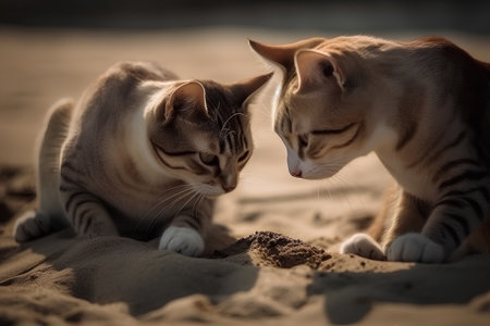 Two cats are playing on the sand at the beach in the evening.の素材