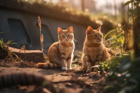 Two cats sitting on the ground and looking at the camera in sunset lightの素材