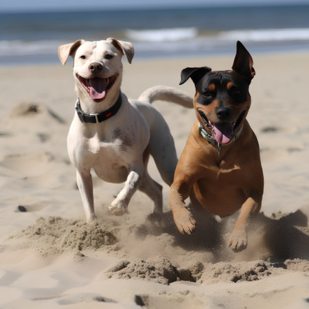 Two dogs running in the sand on the beach. Shallow depth of field.の素材