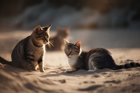 Two cats sitting on the sand and looking at the camera. Selective focus.の素材