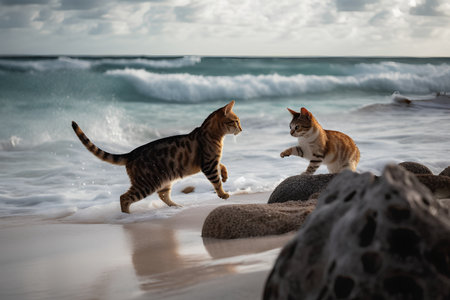 Two cats playing on the beach. Two cats on the sea shore.の素材