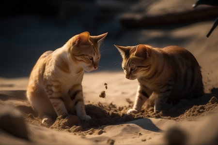 Two cats playing in the sand. Selective focus with shallow depth of field.の素材