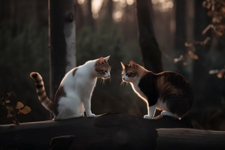 Two cats sitting on a log in the forest in the evening.の素材