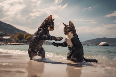 Two cats playing on the beach. Concept of friendship and love.の素材