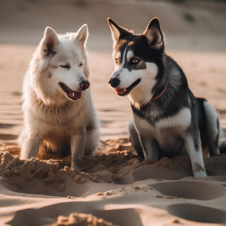 Two Siberian Husky dogs sitting on the sand at the beach.の素材