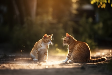 Two cats sitting on the ground in the sun at sunset, selective focusの素材