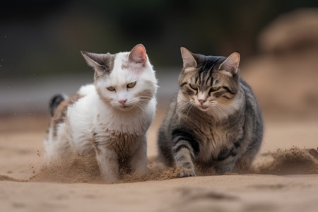 Two cats playing in the sand at the beach, shallow depth of fieldの素材