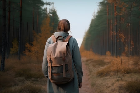Back view of young woman with backpack walking in autumn pine forest.の素材