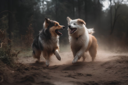 Two australian shepherd dogs playing on the sand in the forestの素材