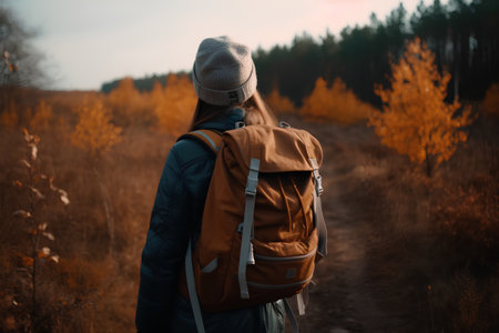 A young woman with a backpack walks through the autumn forest. The concept of travel and tourism.の素材