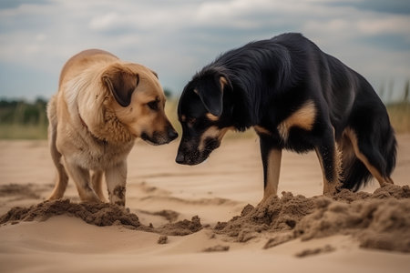 two dogs playing in the sand on a summer day, close-upの素材