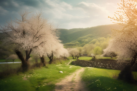 Beautiful spring landscape with rural road and blossoming trees in mountainsの素材