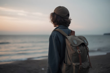Back view of a young woman with a backpack looking at the sea at sunsetの素材