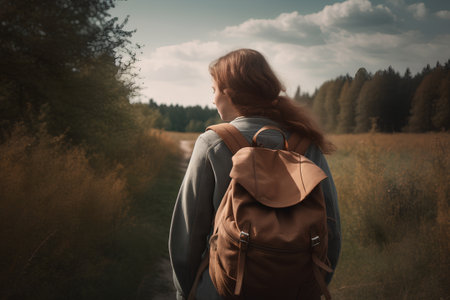 Young woman with a backpack in the mountains. Hiking concept.の素材