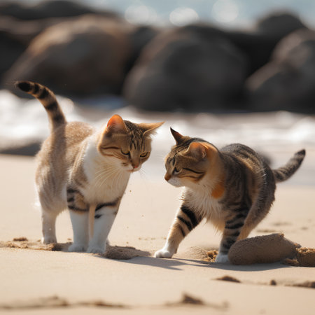 Two cats playing on the beach. Focus on the cat. Shallow depth of field.の素材