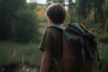 Back view of young man with backpack standing on path in forest.の素材