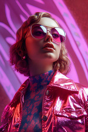 Fashion shot of a beautiful young woman in a red jacket and sunglasses.の素材