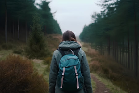 Young woman with backpack hiking in the forest. Hiking concept.の素材