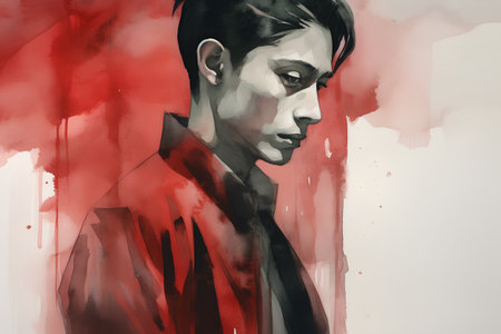 Portrait of a young man in a red shirt. Digital watercolor painting.の素材