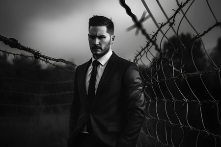 Portrait of a handsome businessman standing in front of a fence with barbed wireの素材