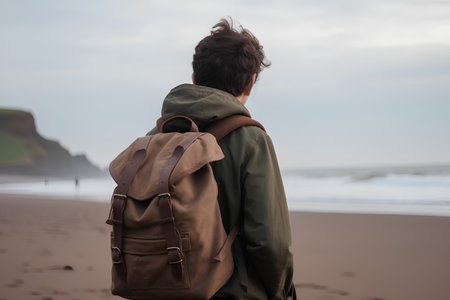Back view of a young man with a backpack on the beach.の素材