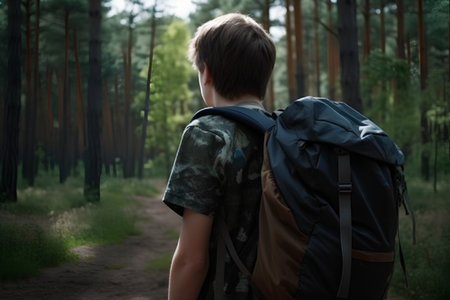Back view of a boy with backpack standing in the forest at sunsetの素材