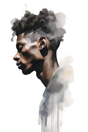 Digital watercolor portrait of an african american man combined with ink blots.の素材