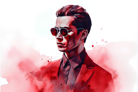 Portrait of a handsome man in a red suit and sunglasses. Watercolor illustration.の素材