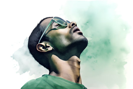 Portrait of a man in sunglasses and green shirt. Digital painting.の素材
