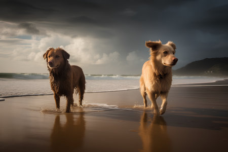 Two golden retriever dogs standing on the beach in stormy weatherの素材