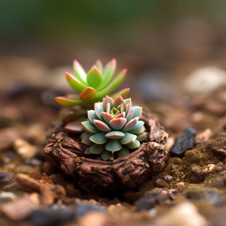 Succulent plant in small pot on soil with blurred background.の素材