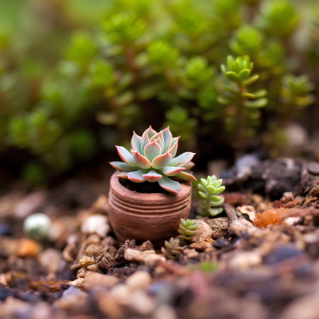 Miniature succulent plant growing in a clay pot on the groundの素材