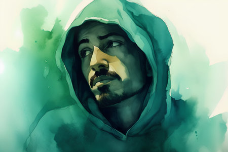 Portrait of Jesus Christ in a hood. Digital watercolor painting.の素材