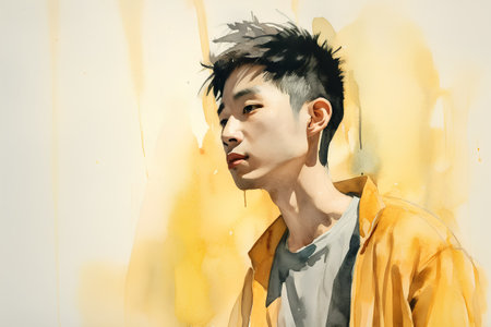 Asian young man in yellow raincoat looking at camera. Watercolor painting.の素材