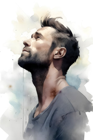 Watercolor portrait of a young man in profile on a grunge backgroundの素材