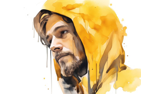 Painting of a man with a beard and mustache in a yellow helmetの素材