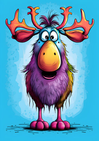 Cute cartoon monster with big antlers on his head. Vector illustration.の素材