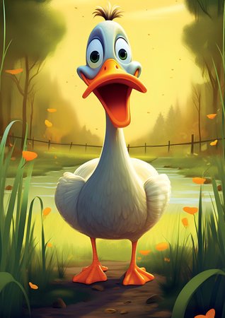 Cartoon funny duck in the meadow at sunset. Vector illustration.の素材