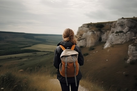 Young woman with backpack standing on top of mountain and looking at valleyの素材
