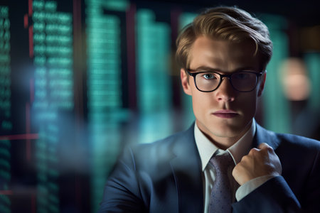 Portrait of a handsome young businessman in a suit on the background of the stock exchangeの素材