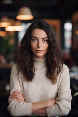 Portrait of a beautiful young brunette woman in a cafe.の素材