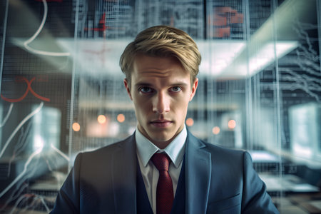 Portrait of young businessman looking at camera in office. Toned imageの素材