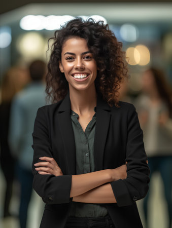 Portrait of a smiling young businesswoman standing with arms crossed in officeの素材